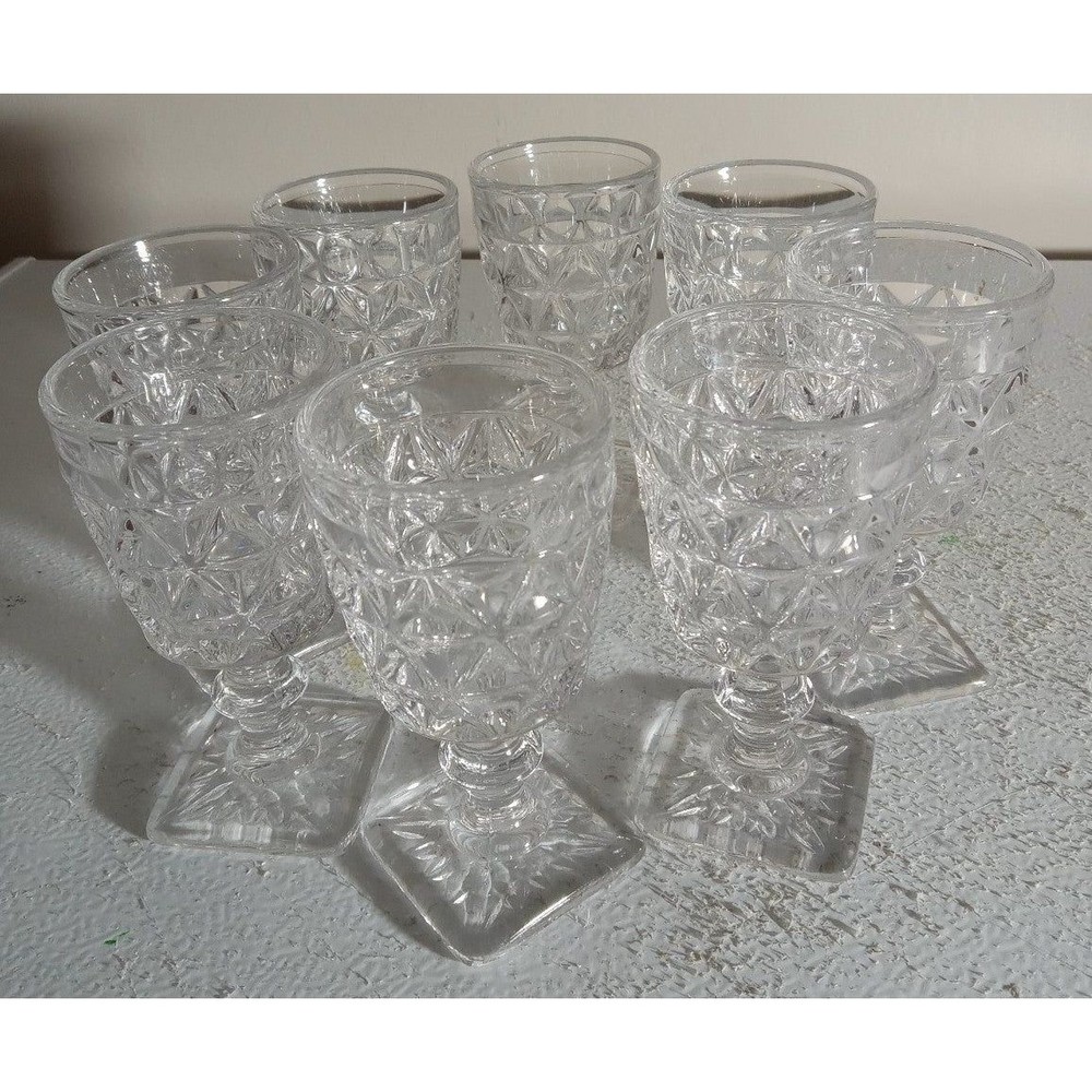 Vintage Set Of 8 Mt Vernon Clear  Crisscross Diamond Wine Glasses 4"